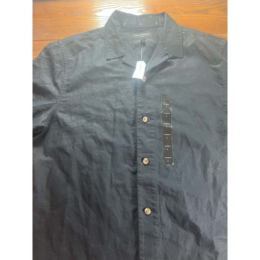 NEW Banana Republic Men Linen Blend Shirt Large Black Long Sleeve Geometric